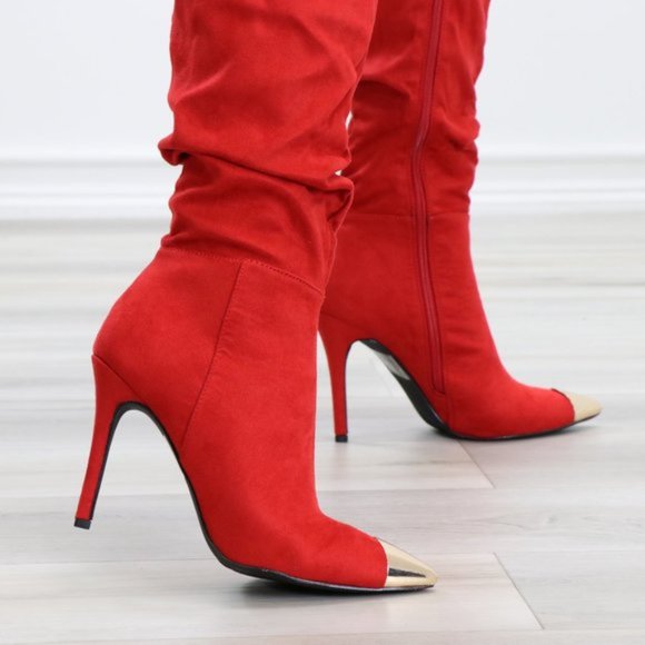 Fancy Pointy Toe Below The Knee Red Boots Suede - Picture 3 of 15